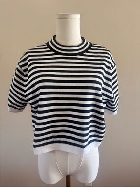 DKNY Black & White Striped Short Sleeve Crop Top - Cotton Blend